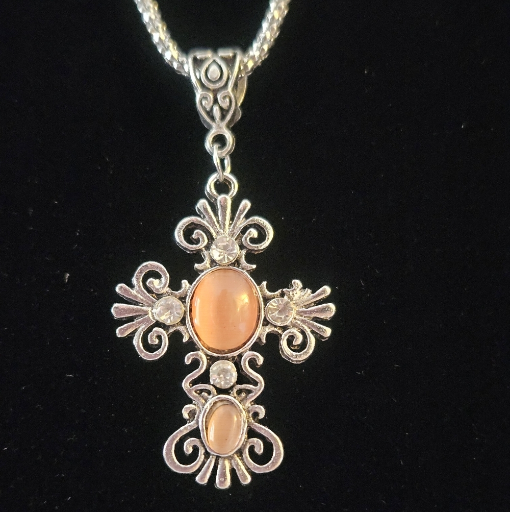 Ornate Silver Cross Necklace with Peach Cabochon Stones Custome Jewerly New